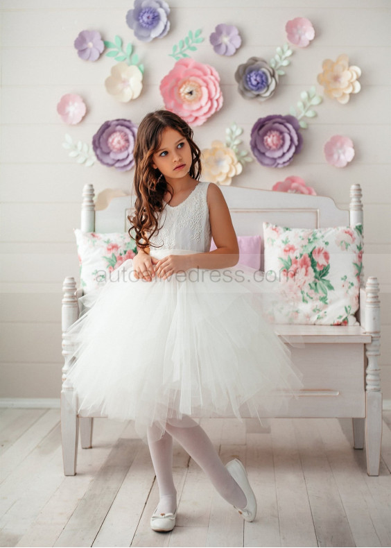 Ivory Lace Tulle Ruffle Knee Length Flower Girl Dress